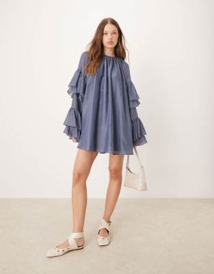 ASOS DESIGN frill sleeve voile mini dress in slate blue