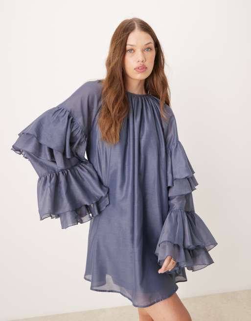 ASOS DESIGN frill sleeve voile mini dress in slate blue