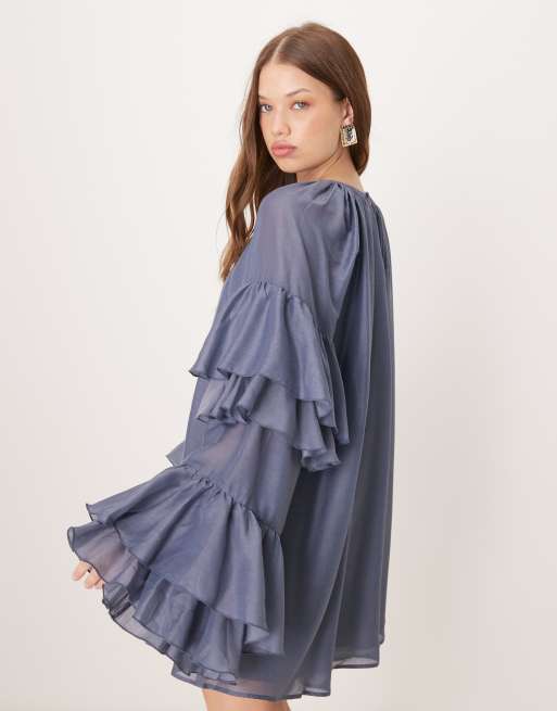 ASOS DESIGN frill sleeve voile mini dress in slate blue