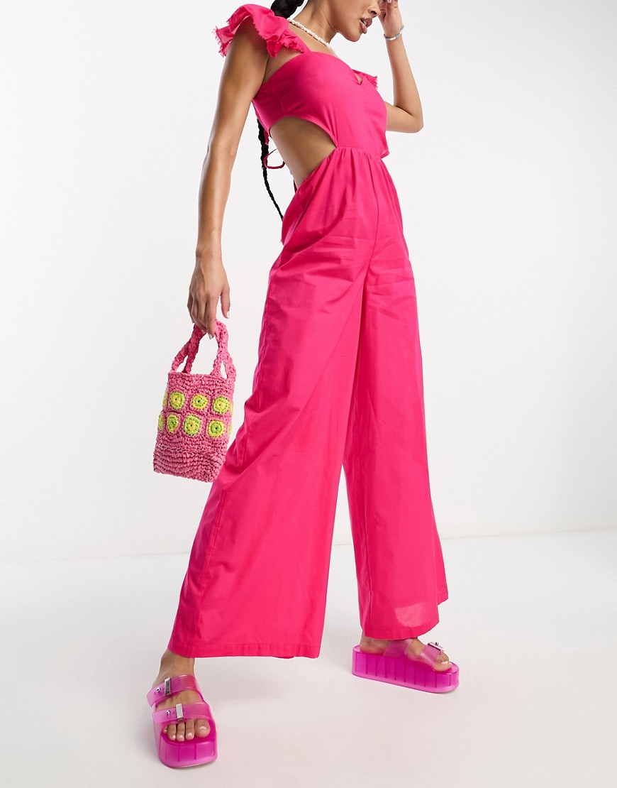 ASOS DESIGN frill sleeve wide leg beach jumpsuit in pink