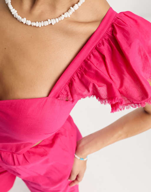 Hot Pink Crinkle Sheer Frill Bandeau Romper