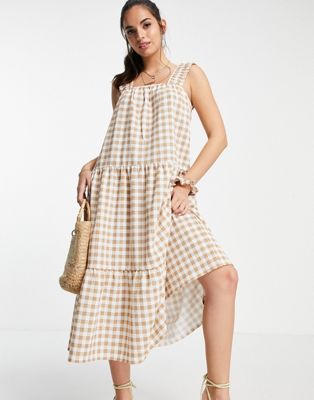 ASOS DESIGN frill strap tiered midi dress in brown gingham print with matching hair scrunchie-Multi