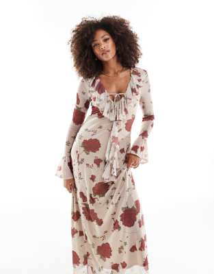 Asos Design Frill Tie Front Maxi Dress In Rose Print-multi