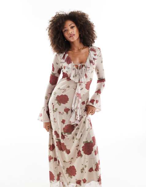 ASOS DESIGN frill tie front maxi dress in rose print - view 1