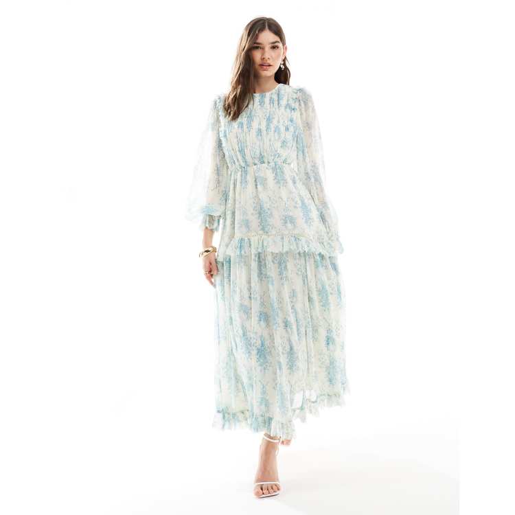 ASOS DESIGN frill tiered hem maxi dress in blue floral ASOS