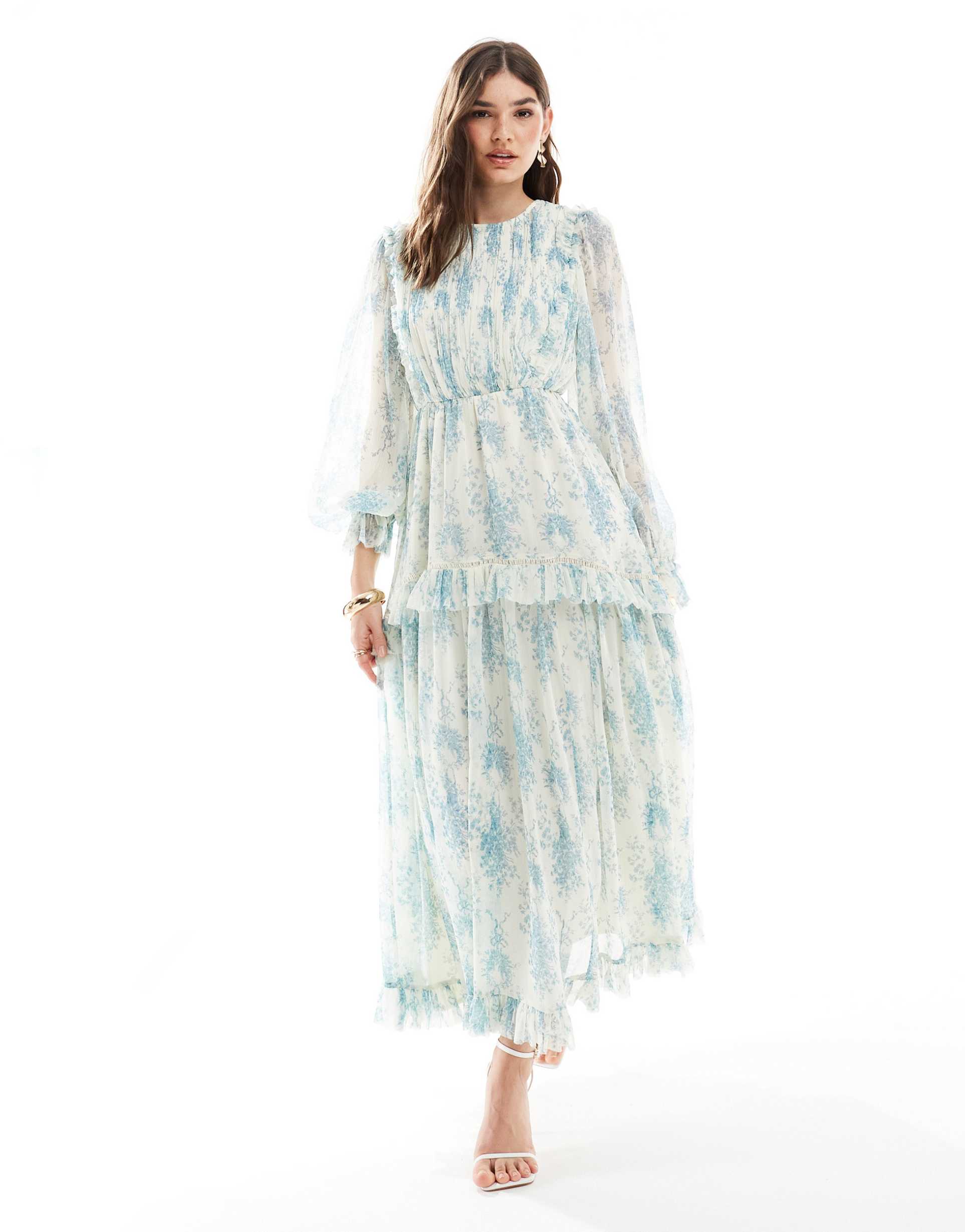 asos design frill tiered hem maxi dress in blue floral