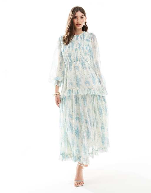  ASOS DESIGN frill tiered hem maxi dress in blue floral