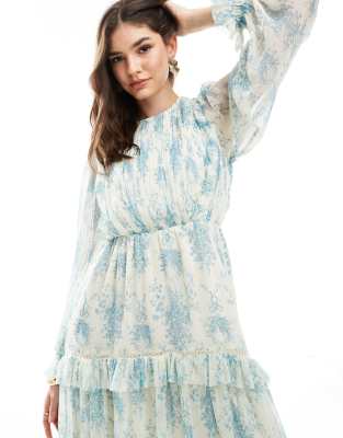 asos blue frill dress Rent ASOS DESIGN Embroidered Satin Midi Dress With Frill Waist In Navy