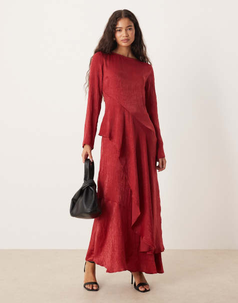 ASOS DESIGN frill tiered maxi dress in deep cherry - view 1