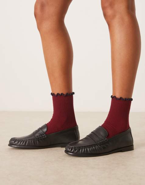 ASOS DESIGN frill top ankle socks in burgundy - view 1