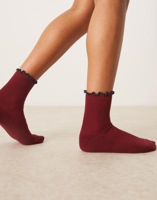 Asos Design Frill Top Ankle Socks In Burgundy
