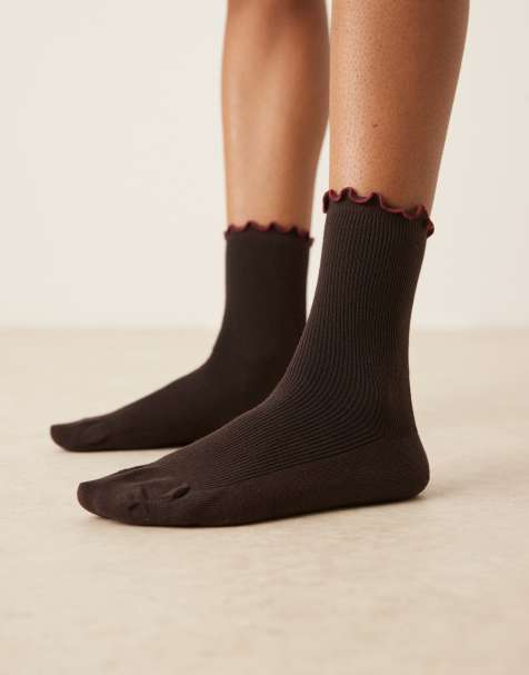 ASOS DESIGN frill top ankle socks in chocolate - view 1