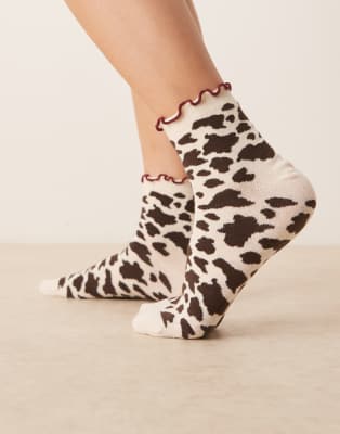 ASOS DESIGN frill top ankle socks in cow design