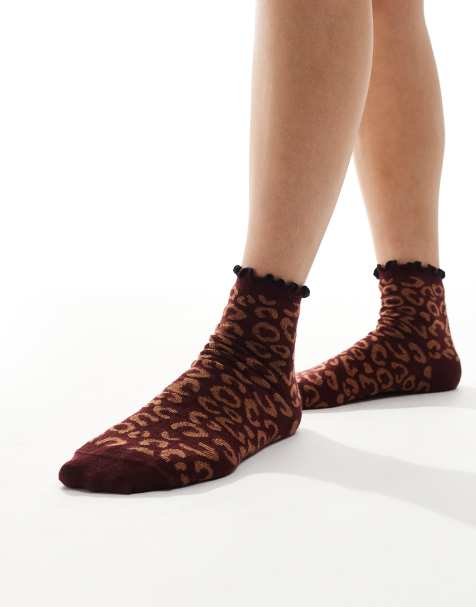 ASOS DESIGN frill top socks in burgundy leopard - view 1