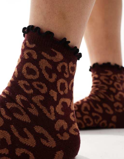 ASOS DESIGN frill top socks in burgundy leopard
