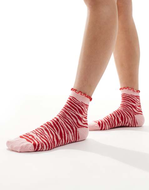 ASOS DESIGN frill top socks in pink and red zebra - view 1