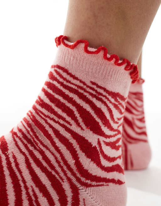 ASOS DESIGN frill top socks in pink and red zebra