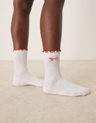 frill top socks with gingham bow-White