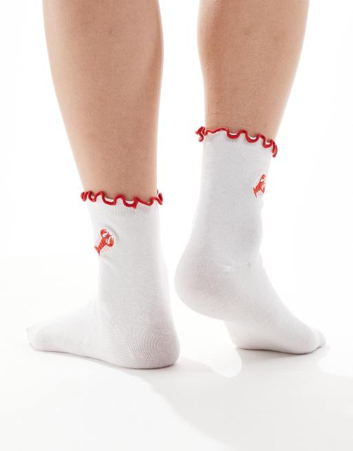 ASOS DESIGN frill top socks with lobster embroidered design in white