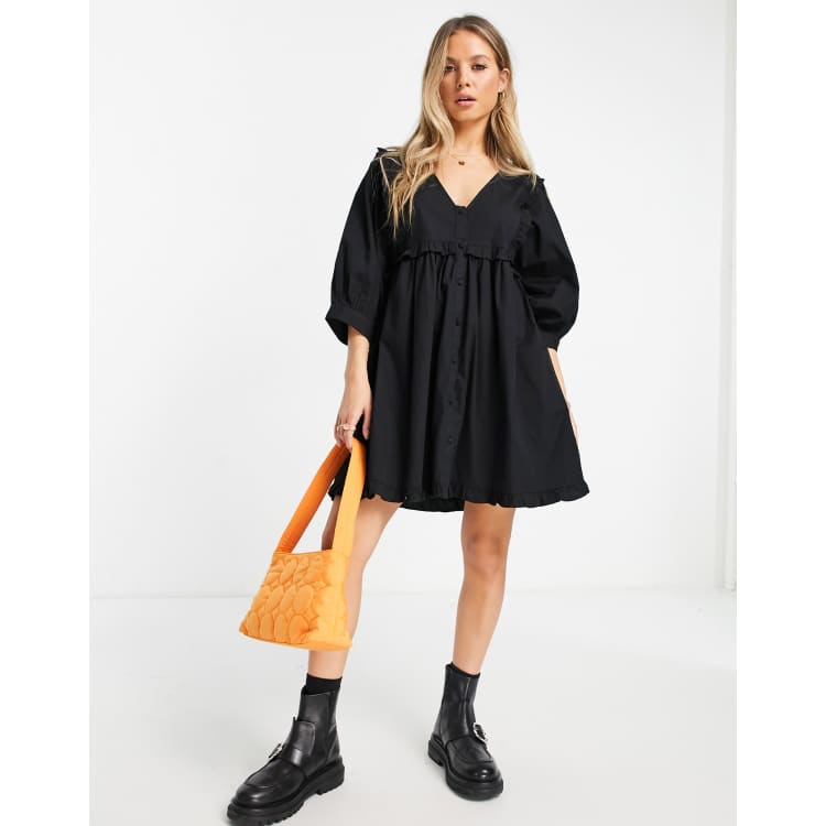 Asos design v neck shop button through mini smock dress