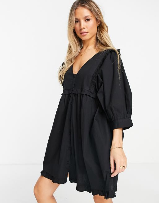 Asos design mini v neck button through smock dress in stripe hotsell