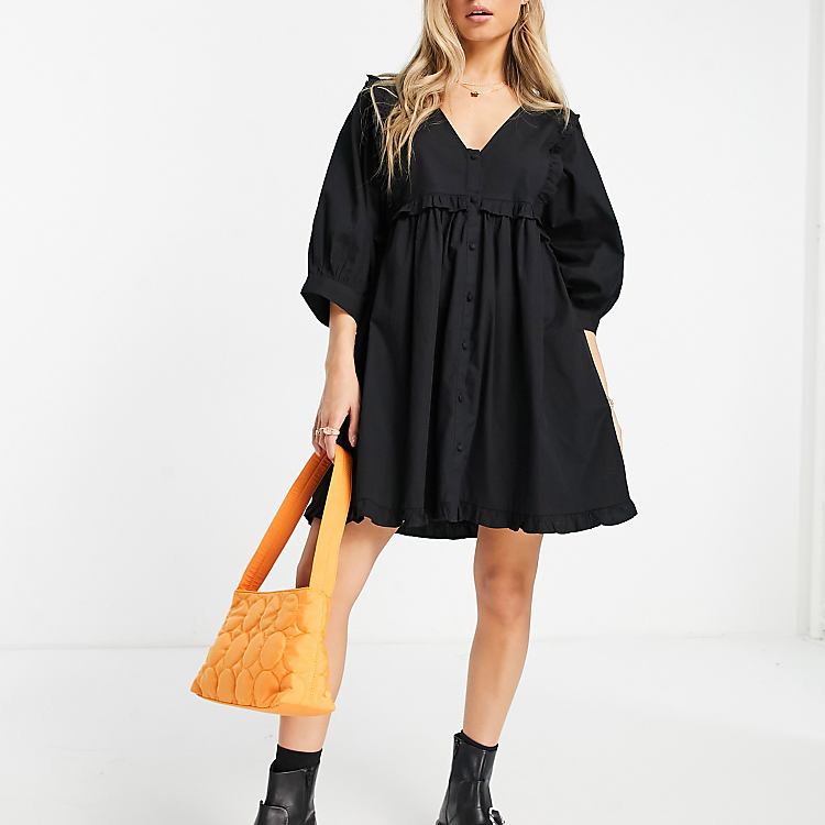 ASOS DESIGN frill v neck cotton button up mini smock dress in black ASOS DESIGN frill v neck cotton button up mini smock dress in black
