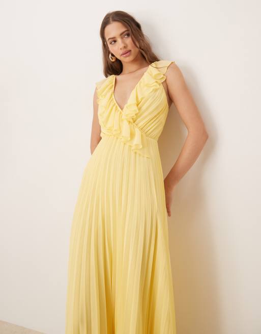 ASOS DESIGN frill wrap detail pleated midi dress in lemon yellow