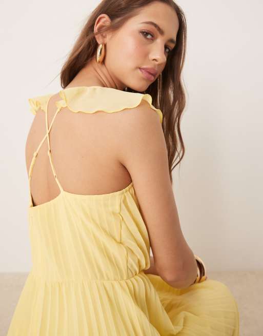ASOS DESIGN frill wrap detail pleated midi dress in lemon yellow, 3 of 4