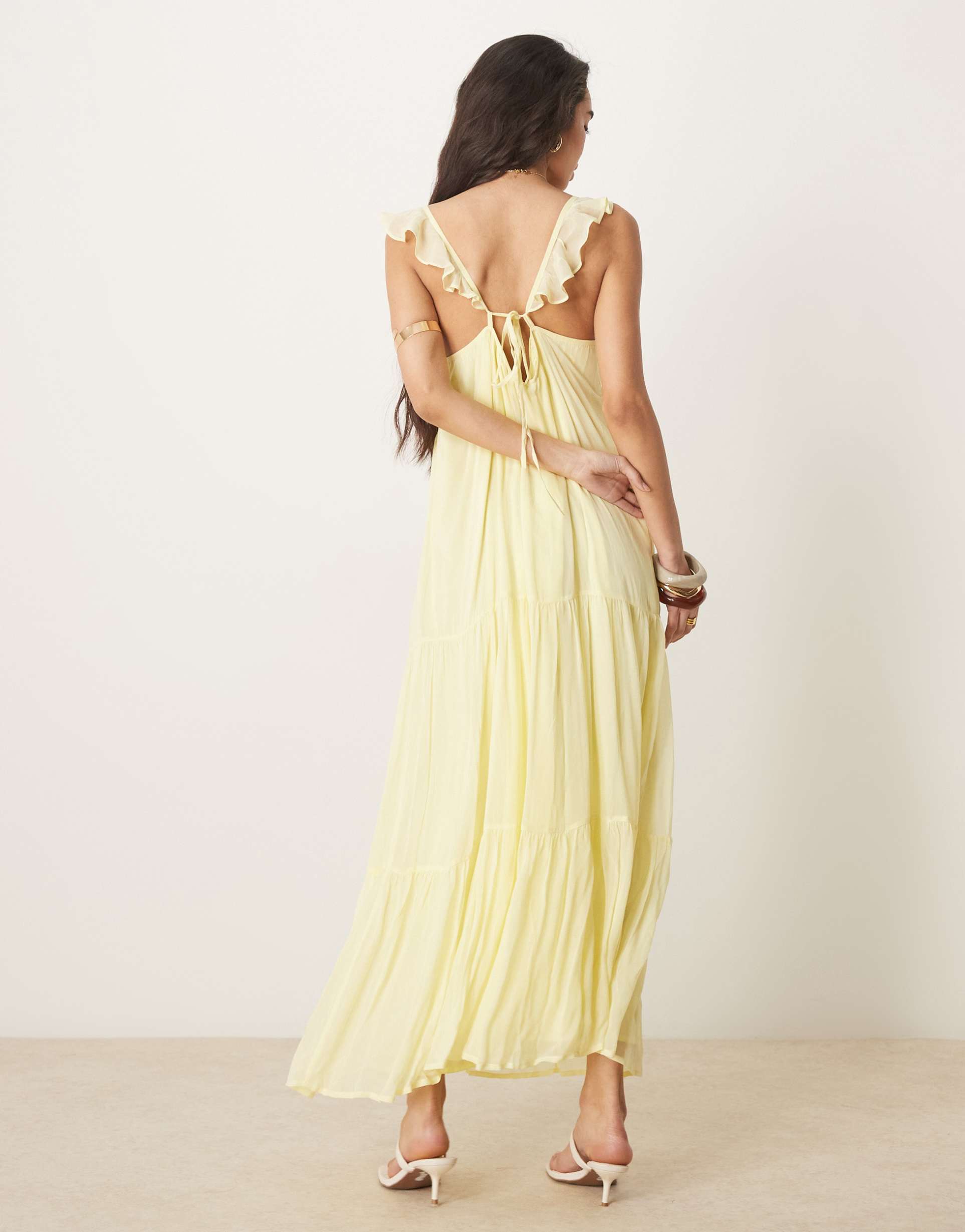 asos design frilled ruffle front maxi dress in lemon