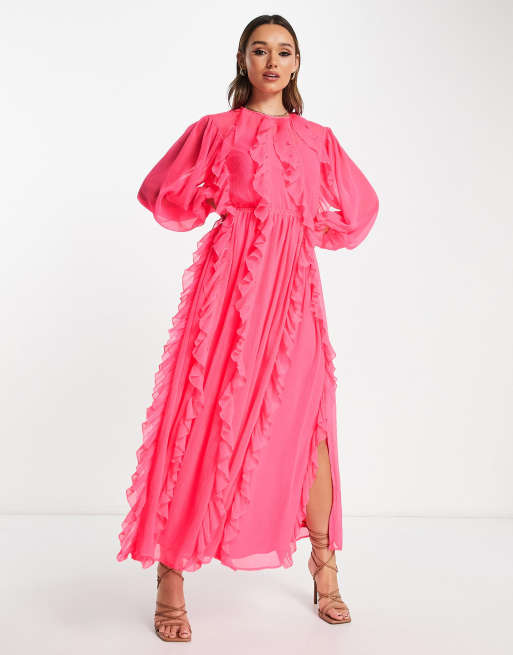 pink ruffle dress asos ASOS DESIGN ruffle bias maxi dress with open back in rose pink