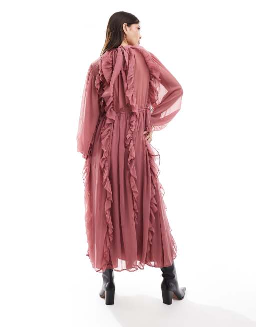 ASOS DESIGN frilly high neck maxi dress in pink, 4 of 4