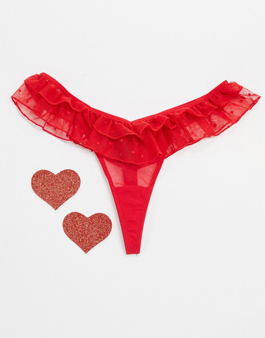 ASOS DESIGN frilly knicker set with heart nipple stickers in red