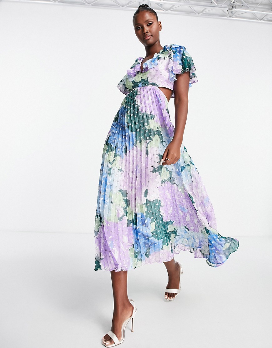 ASOS DESIGN frilly pleated midi dress in metallic floral print-Multi