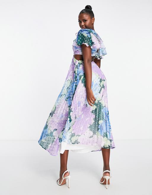 Asos design pleated midi dress with fluted sleeve hotsell in floral print