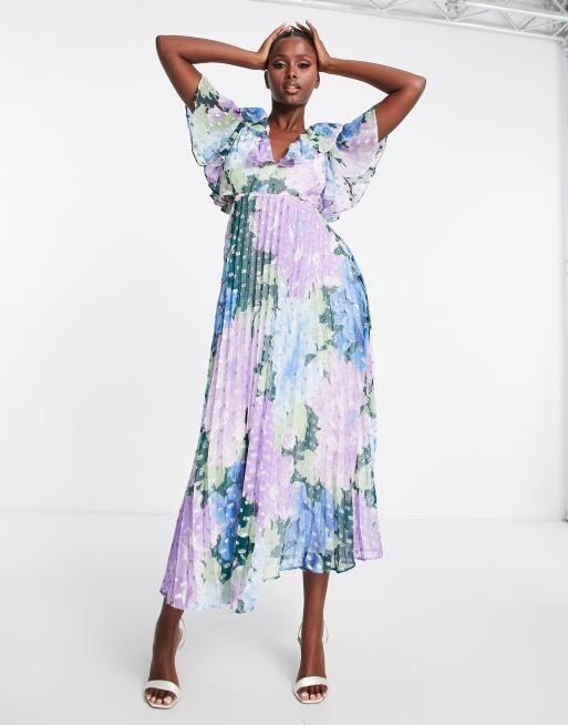 Asos design pleated midi dress cheap with fluted sleeve in floral print