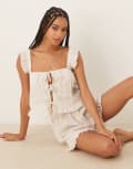 [ASOS DESIGN] ASOS DESIGN frilly pyjama tie-front cami and shorts set in ivory-No colour 14 IVORY