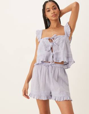 ASOS DESIGN frilly tie front cami and short set in dusty purple - view 1