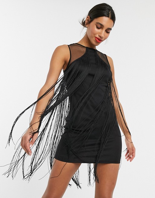 ASOS DESIGN fringe and mesh mini shift dress in black