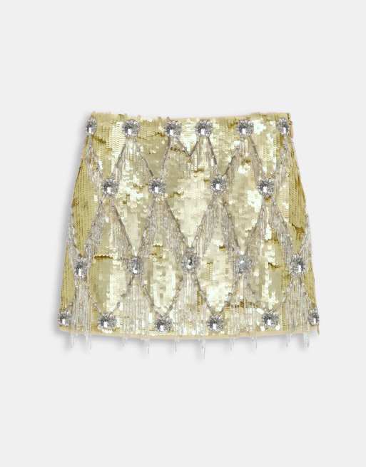ASOS DESIGN fringe and sequin embellished co-ord mini skirt in gold, 6 of 9