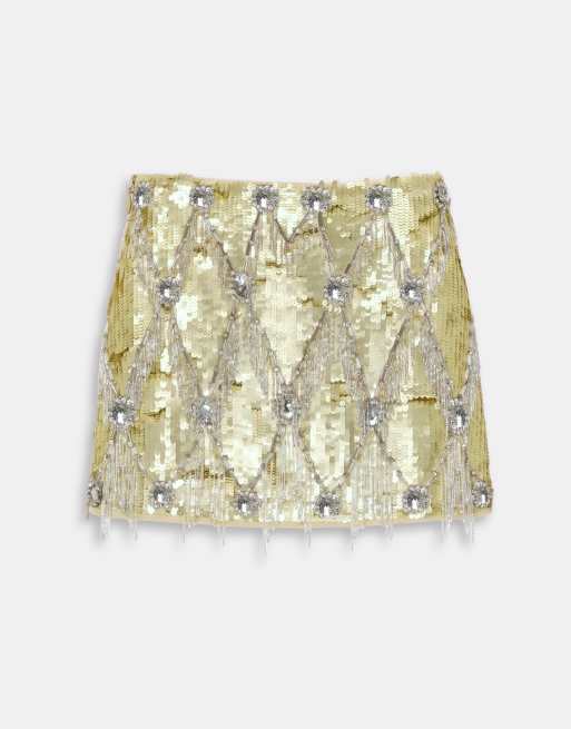 ASOS DESIGN fringe and sequin embellished co-ord mini skirt in gold, 7 of 9