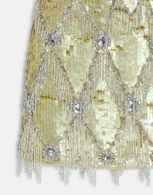 ASOS DESIGN fringe and sequin embellished co-ord mini skirt in gold, 8 of 9