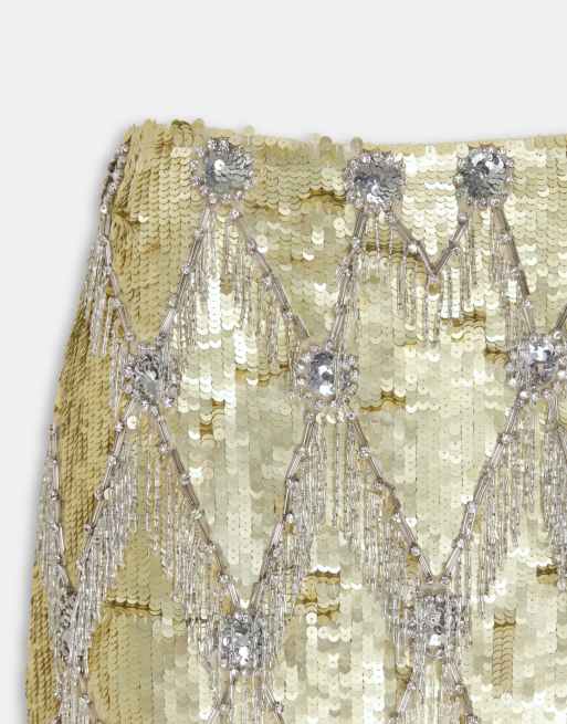 ASOS DESIGN fringe and sequin embellished co-ord mini skirt in gold, 9 of 9