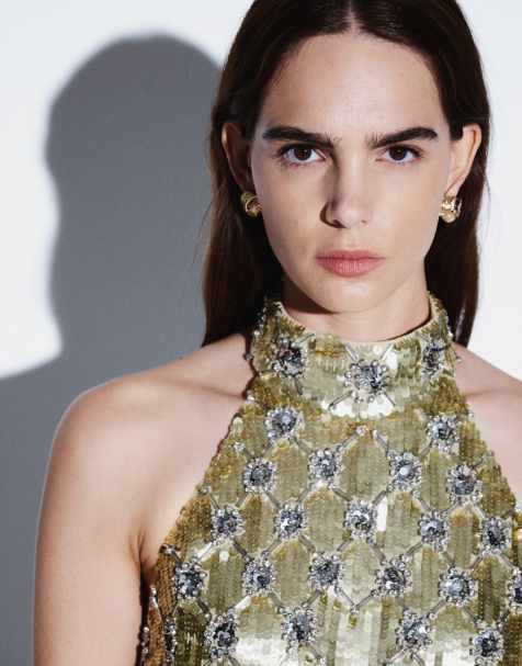 ASOS DESIGN fringe and sequin embellished halter neck co-ord top in gold - view 1