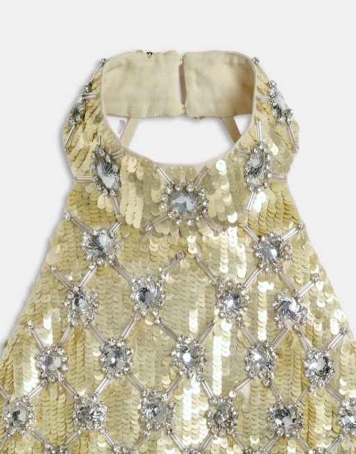 ASOS DESIGN fringe and sequin embellished halter neck set top in gold, 7 of 8