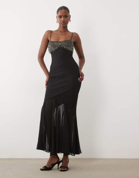 ASOS DESIGN fringe beaded bust bias cami high maxi low dress in black - view 1