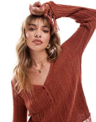 Asos Design Fringe Button Jumper In Rust-Brown