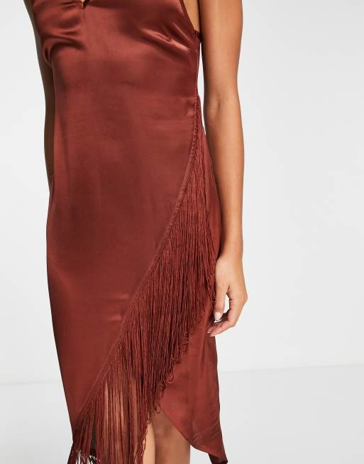 ASOS DESIGN fringe cami beach midaxi dress in rust