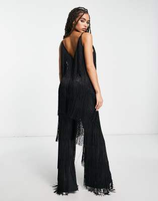 ASOS LUXE extreme bardot sleeve velvet flare jumpsuit in black