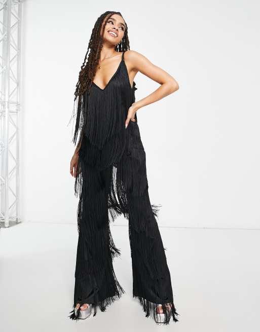 ASOS DESIGN corset jumpsuit with diamante fringe detail in black - ShopStyle