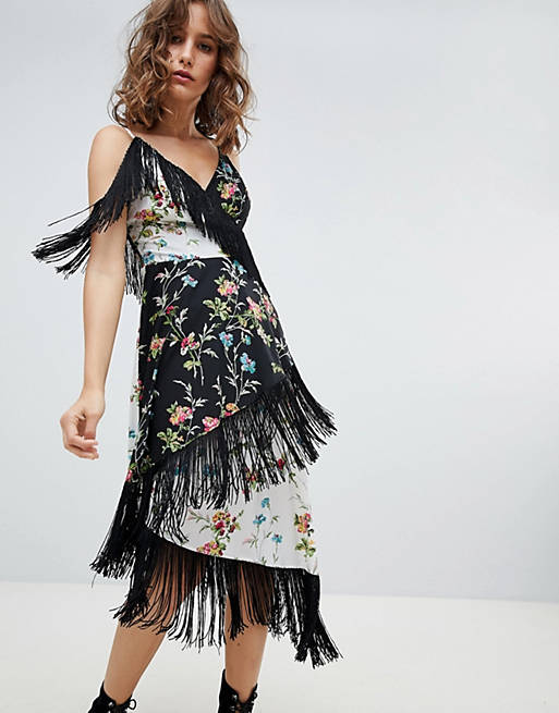 ASOS DESIGN Fringe Cami Midi Dress In Mixed Floral Print
